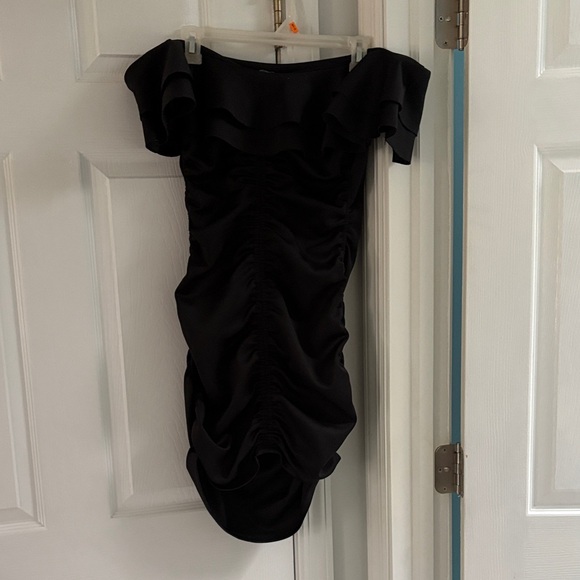 ASOS Black Off-Shoulder Ruffle Mini Dress - Picture 3 of 3